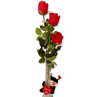 Roses in vase with ladybug plush