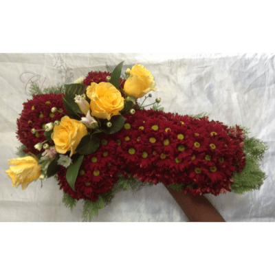chrysanthemum cross wreath with rose spray