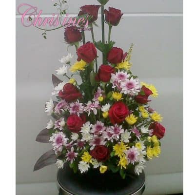 Red roses and purple/yellow chrysanthemums