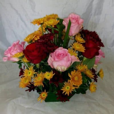 pink red roses with chrysanthemums
