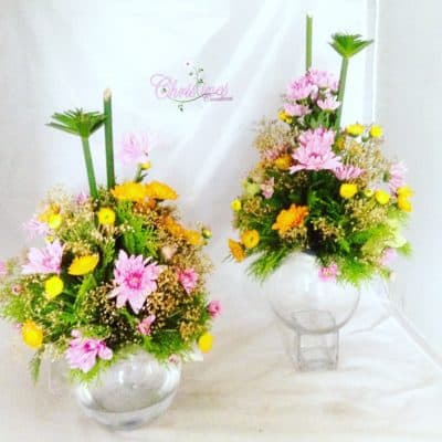lilac and yellow floral centerpiece