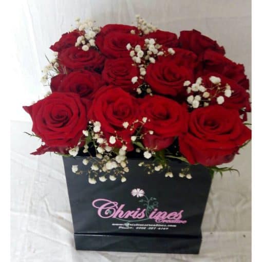 bloom box with 16 red roses